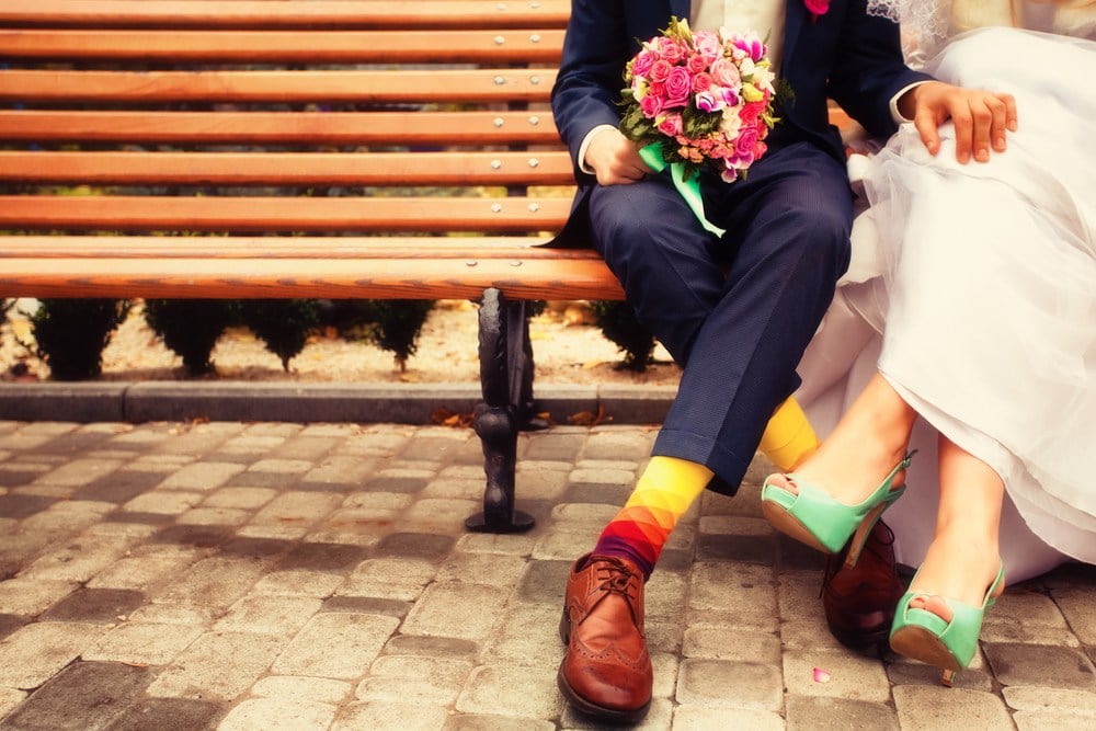Vintage bride and groom with coloured shoes and socks