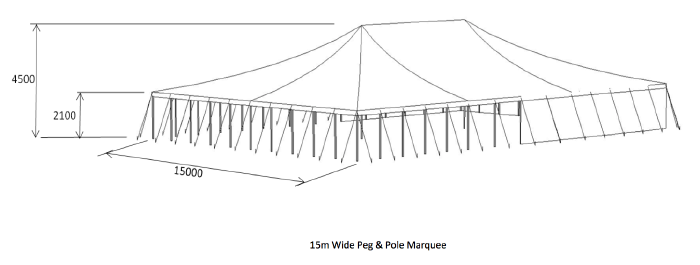 diagram of 15 metre wide peg and pole marquee for hire