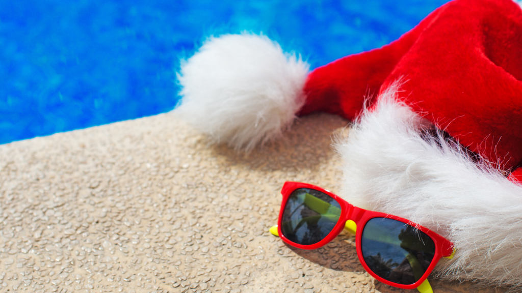 santa hat by the pool during a christmas party