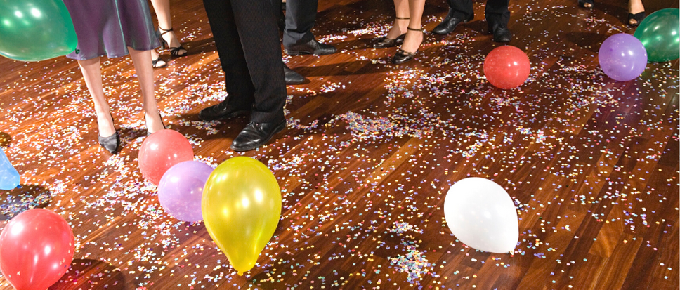 Dance floor with balloons and confetti