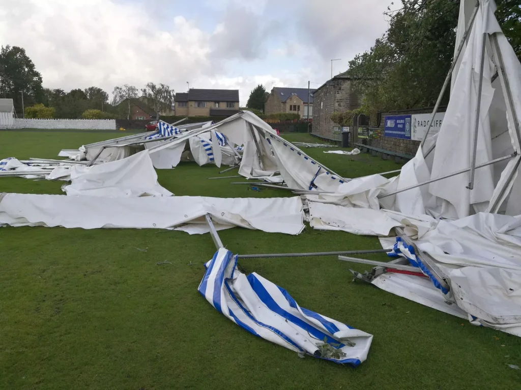 marquee blown all over by the wind